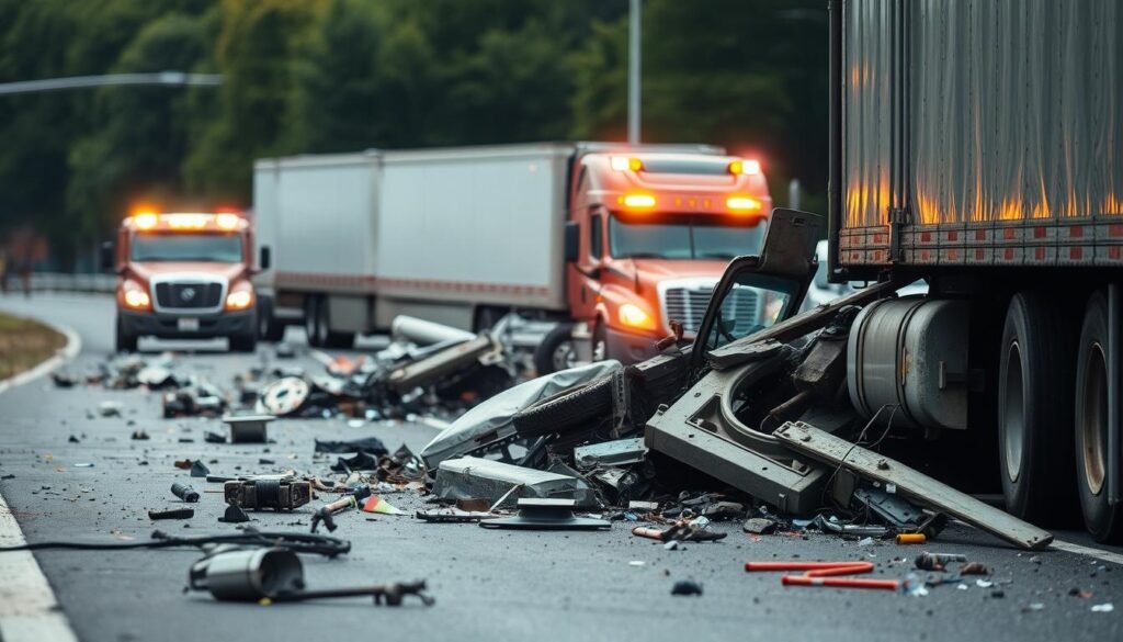 The chaotic aftermath of a semi-truck accident with debris and emergency responders, a critical moment for preserving evidence to determine liability.