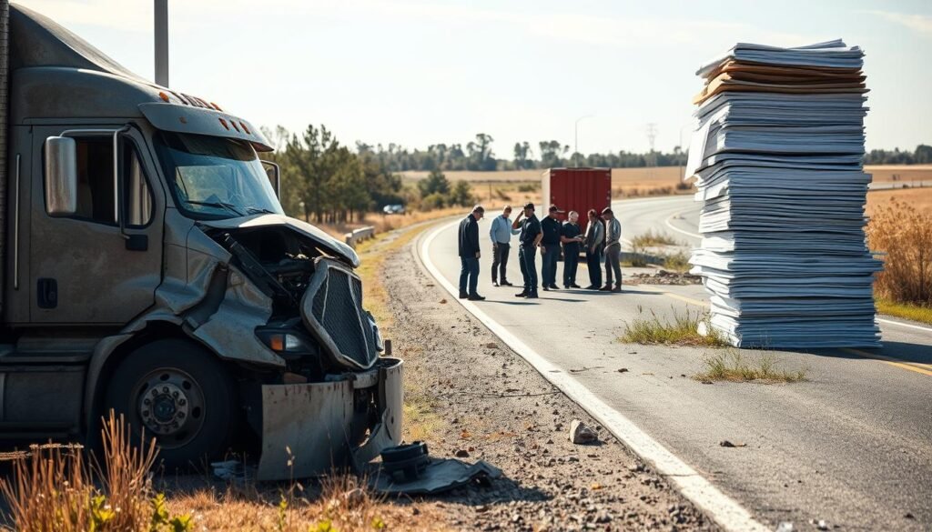 A scene combining a wrecked semi-truck, accident investigators, and medical documents, representing the key factors that determine the value of a truck accident claim.