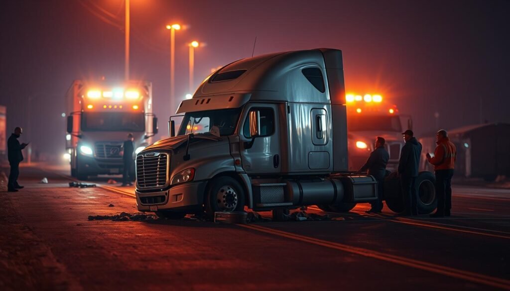 Emergency responders and investigators at a comprehensive semi-truck accident scene, conducting the critical evidence collection that forms the basis of a liability case.