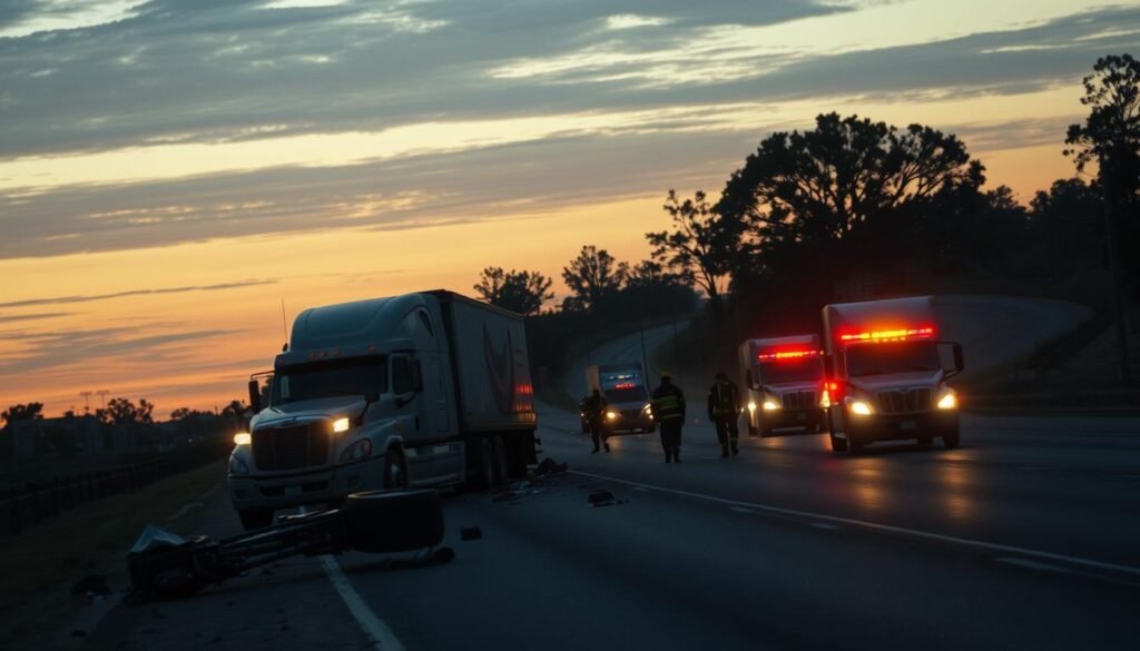 A cinematic timeline showing the impact, emergency response, and aftermath of a semi-truck accident, illustrating the critical sequence of events for a legal case.