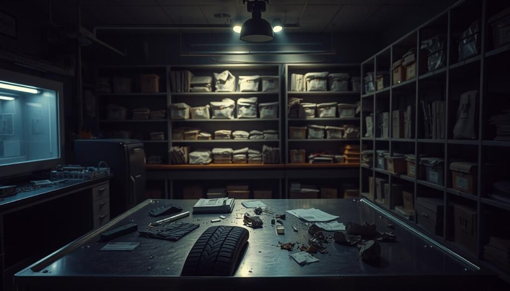 A forensic lab analyzing physical evidence from a semi-truck accident, including tire treads and debris, to scientifically determine the cause of the crash.