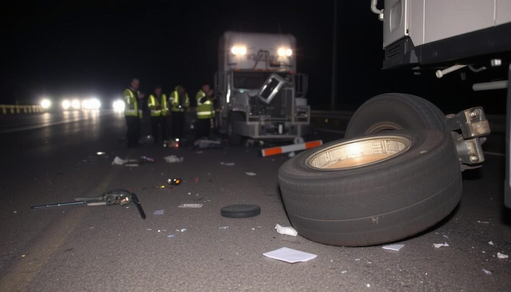 Investigators document a severe semi-truck accident scene with debris and a crushed tire, gathering evidence to reconstruct the crash and determine liability.