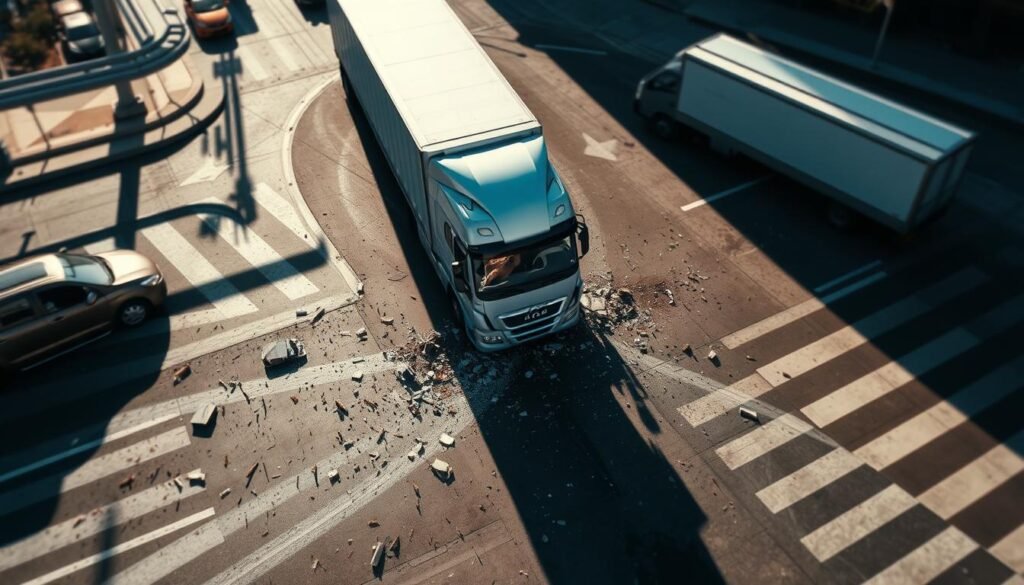 A semi-truck colliding with a car in a complex intersection, illustrating a multi-vehicle accident where determining comparative fault is critical to the settlement.