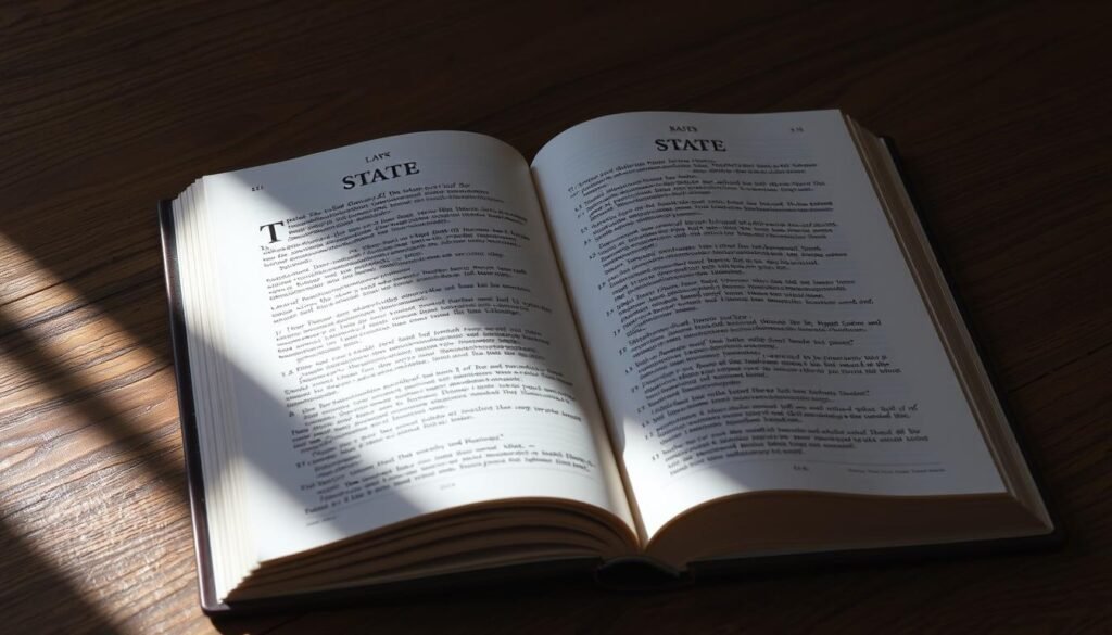 A law book open to a diagram comparing varying state negligence laws and their impact on semi-truck accident liability cases.