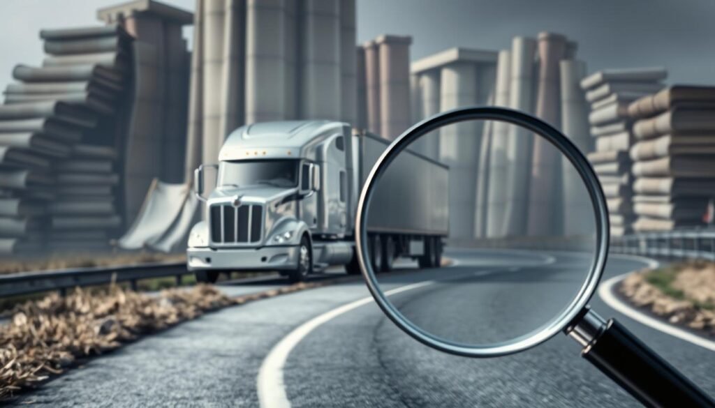 A semi-truck on a road, scrutinized by a magnifying glass with law books in the background, symbolizing the strict legal scrutiny and regulations governing trucking liability.