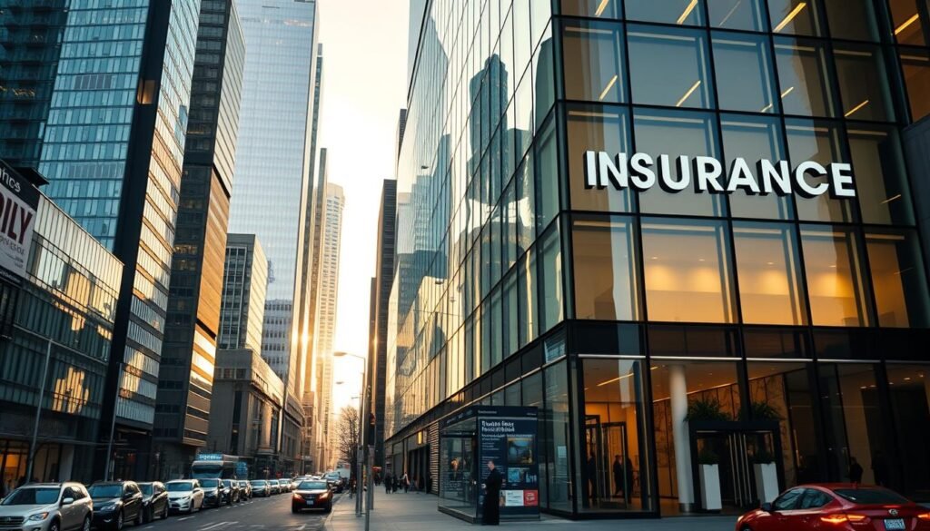 A large insurance company building in an urban setting, representing the entity victims must negotiate with to secure a fair semi-truck accident settlement.