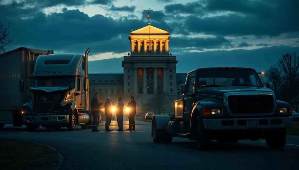 A conceptual timeline of a semi-truck accident case, from the crash scene investigation to the courthouse, symbolizing the legal journey to a settlement.