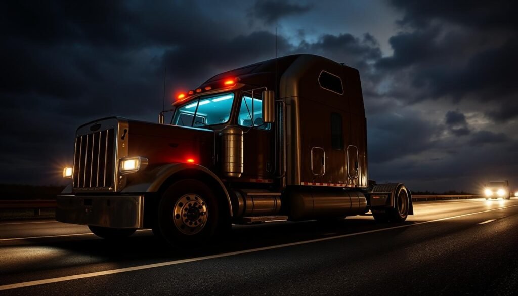 A semi-truck at night with its electronic logging device (ELD) visible, a key piece of evidence for proving violations of federal Hours-of-Service regulations after an accident.