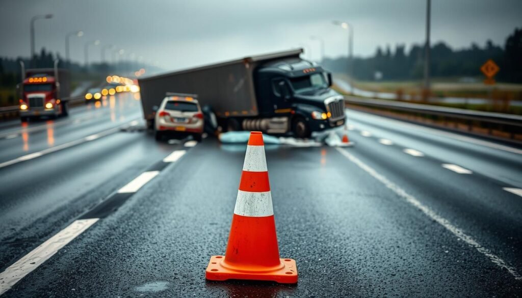 The severe aftermath of a two-vehicle accident between a semi-truck and a car, showing a crumpled truck and debris on a wet highway.