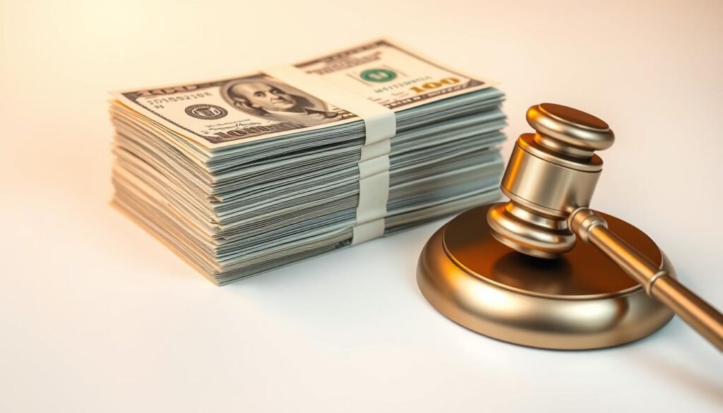A gavel resting beside a stack of money, symbolizing the financial compensation and successful legal resolution achieved in a semi-truck accident settlement.


