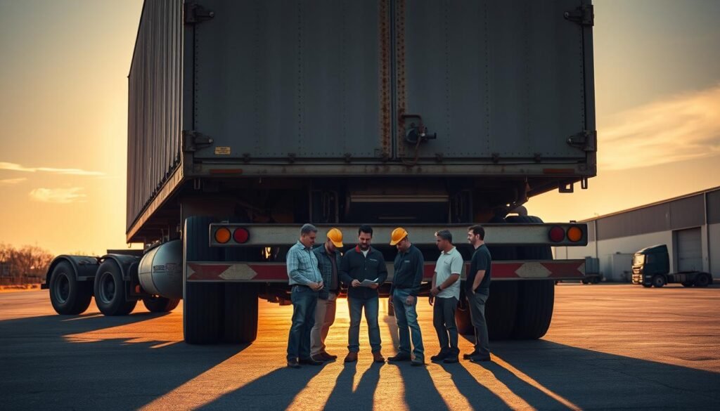 A semi-truck looming over a group of workers, symbolizing the legal debate over employer liability versus driver fault after an accident.