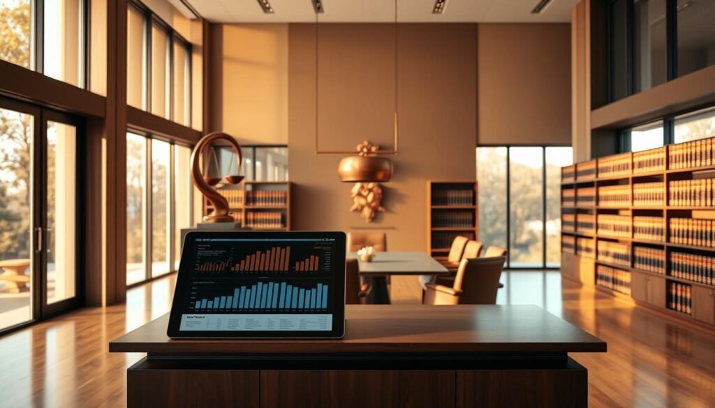 A professional law office with financial charts and legal texts, representing the expertise required to secure fair, maximum compensation in semi-truck accident cases.