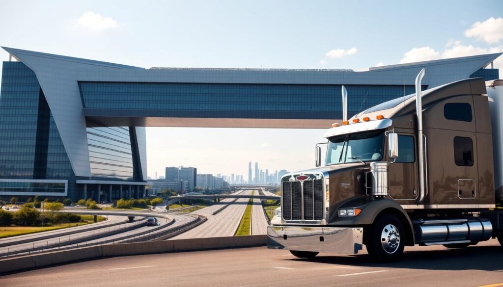 A modern building symbolizing the FMCSA's authority, with a semi-truck on a highway network, representing the scope of federal safety regulations.