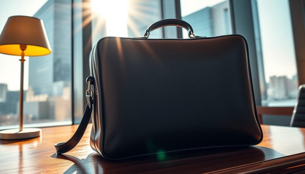 A sleek leather briefcase on a desk in front of a skyscraper, symbolizing the substantial financial recovery and successful outcomes achieved in semi-truck accident settlements.