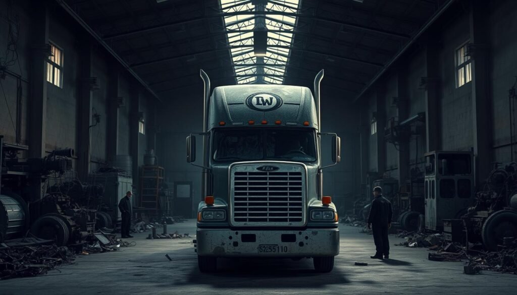A dilapidated semi-truck in a cluttered, neglected warehouse, symbolizing the consequences of a trucking company's negligent hiring and inadequate training practices.