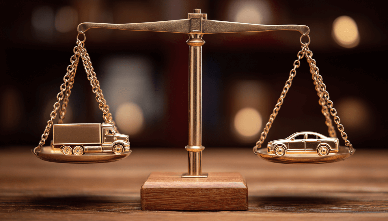 Comparative Fault in Semi-Truck Accidents shown as a balanced scales of justice weighing a semi-truck against a car, determining final settlement value.