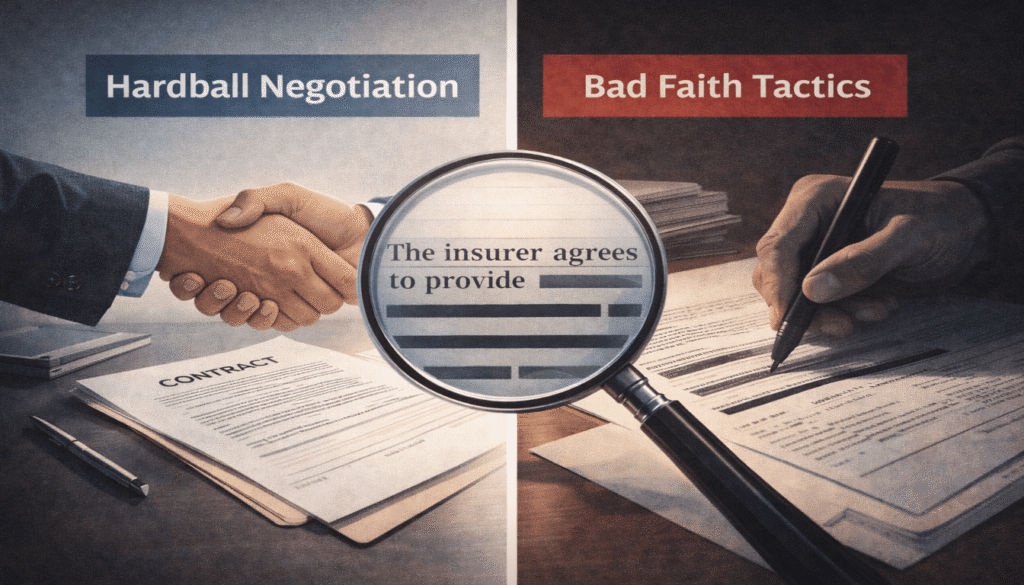 Conceptual split-screen graphic distinguishing bad faith tactics from hardball negotiation in a semi-truck accident insurance claim.