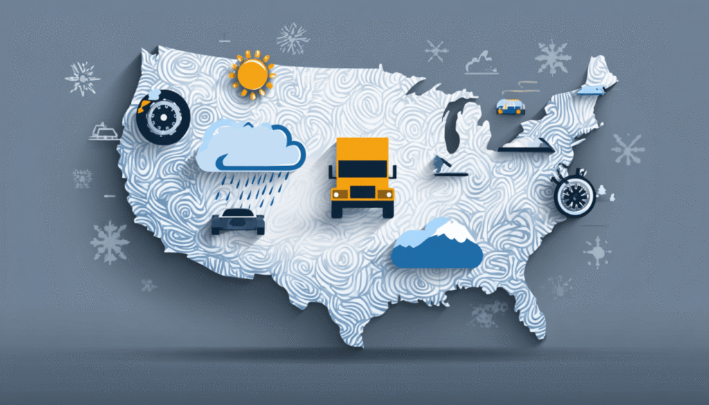 Infographic map of the United States showing common causes of semi-truck accidents like driver fatigue, brake failure, cargo shifts, and bad weather.