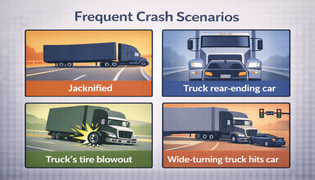 Infographic of common semi-truck accident types: jackknife, rear-end collision, tire blowout, and wide-turn crash.