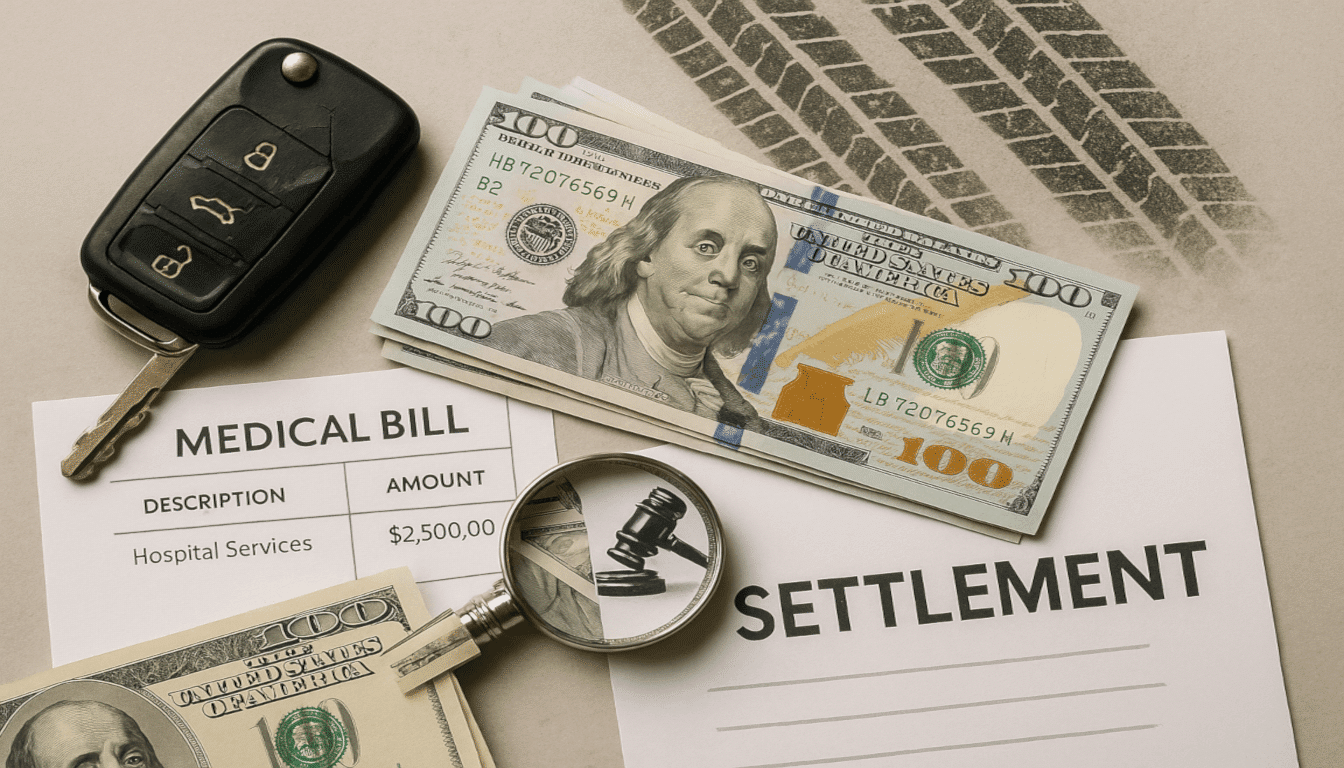 Financial compensation covering a car key and medical bill, symbolizing the recovery available for vehicle damage, medical costs, and other losses in semi-truck accident cases.
