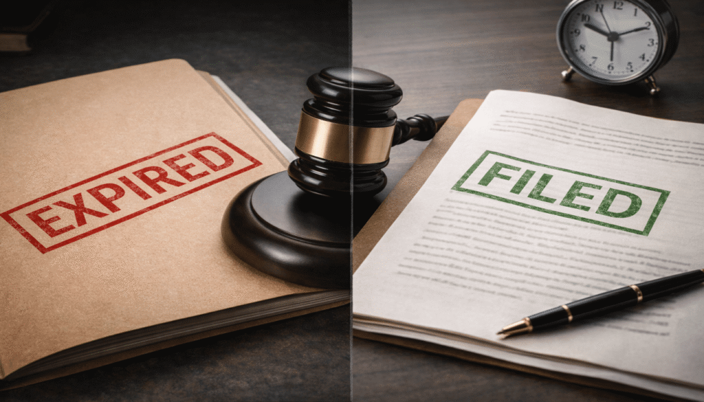 A split image contrasting an "EXPIRED" legal file with a "FILED" file next to a clock, symbolizing the consequences of missing the deadline versus taking timely action.