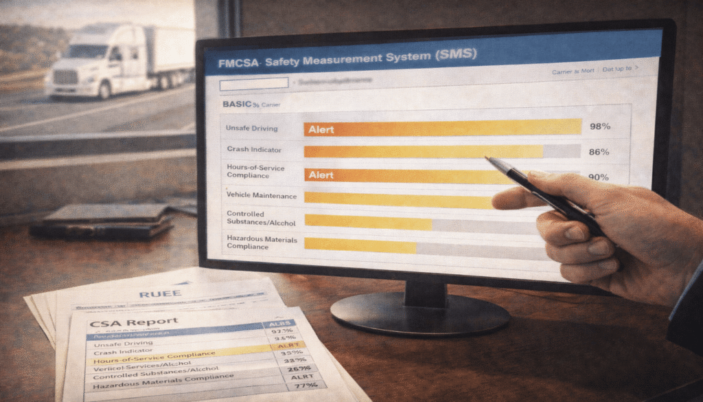 A computer screen showing a trucking company's FMCSA CSA/SMS safety score report, used as evidence in semi-truck accident claims.