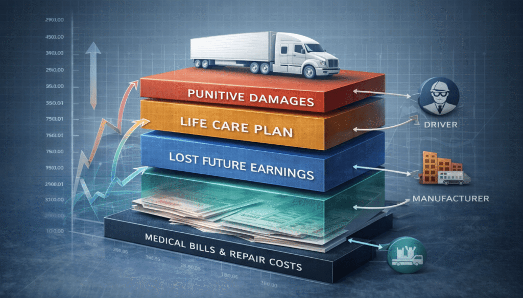 A layered financial chart allocating different damage types to multiple liable parties in a semi-truck accident case.