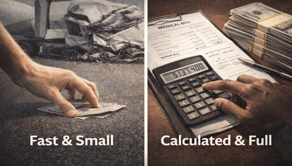 Conceptual image comparing a fast, small cash settlement to a calculated, full-value assessment for a semi-truck accident claim.
