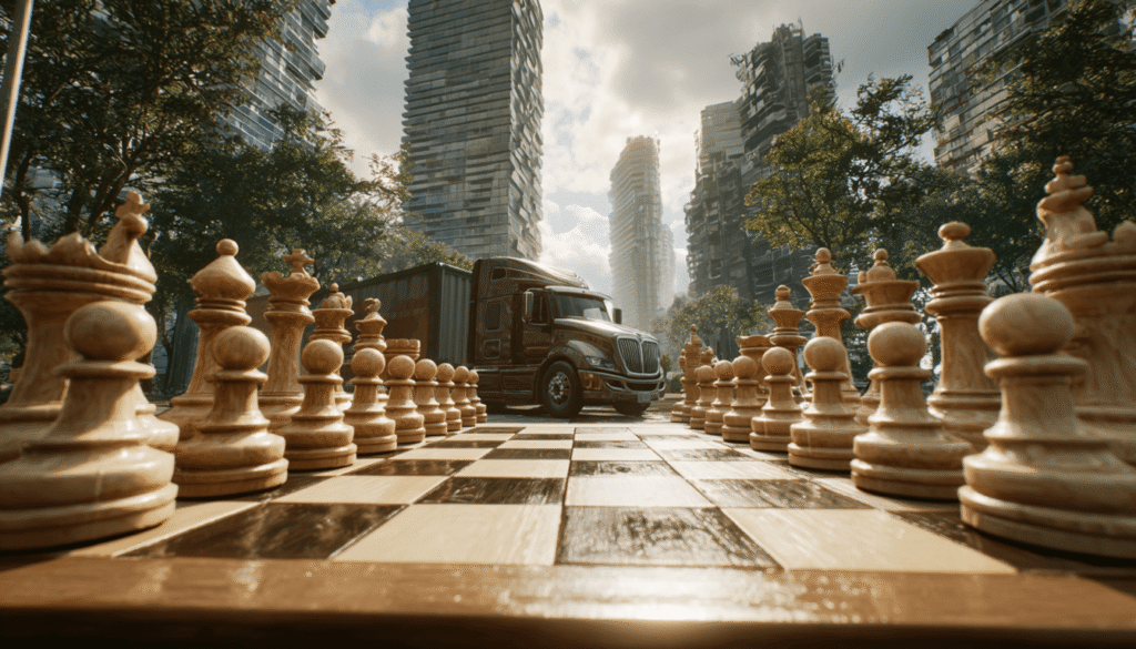 A chessboard symbolizing the strategic battle between an individual and large trucking companies and insurers, showing skyscraper and truck pieces vs standard pieces.

