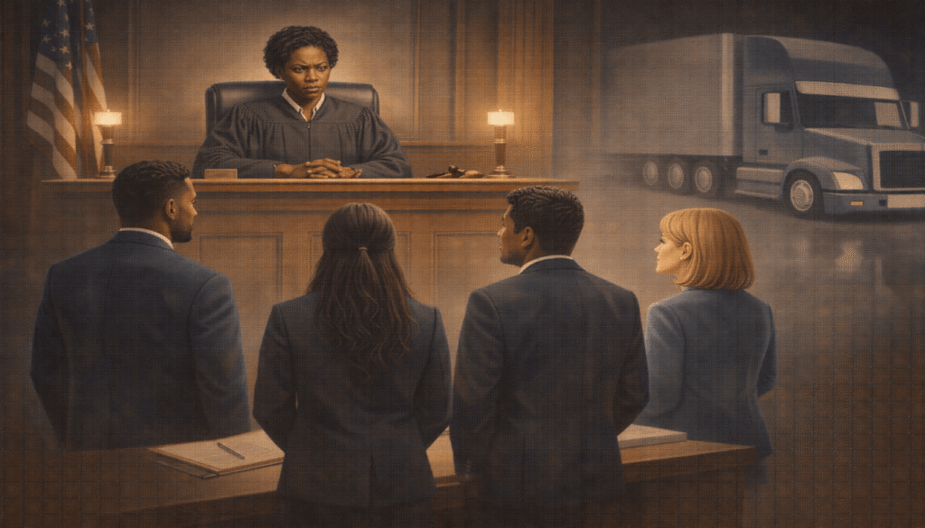 A diverse courtroom scene with a Black female judge, multiple attorneys, and a semi-truck, representing a high-stakes truck accident trial.