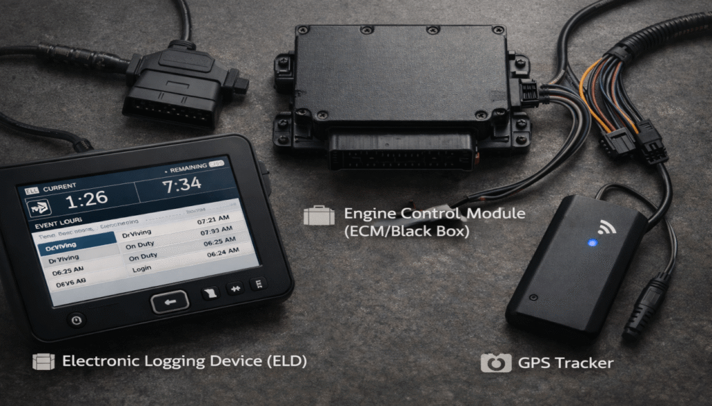 A close-up of semi-truck electronic data devices: an ELD screen, a black box (ECM), and a GPS unit, which record critical data on driving behavior and crash timing.