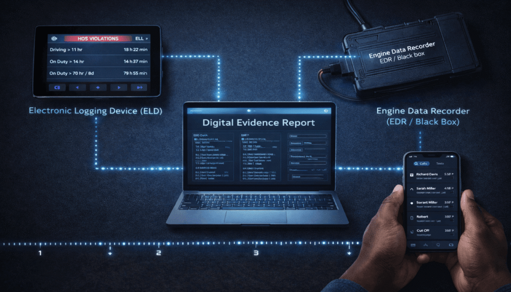 A technical display of electronic data sources in trucking: an ELD screen, a black box (EDR), and a smartphone, which provide critical digital evidence for accident cases.