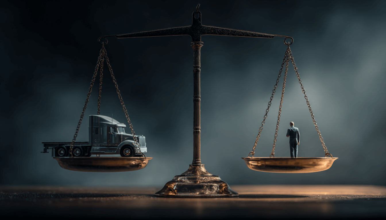 The scales of justice perfectly balanced between a massive semi-truck and a single driver, symbolizing a court's decision on employer versus driver liability.