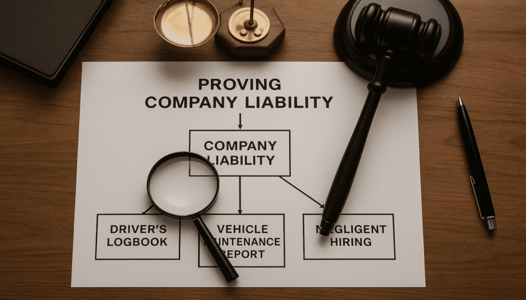 A lawyer's flowchart on a desk, mapping out key evidence like logbooks and maintenance records to prove semi-truck company liability.