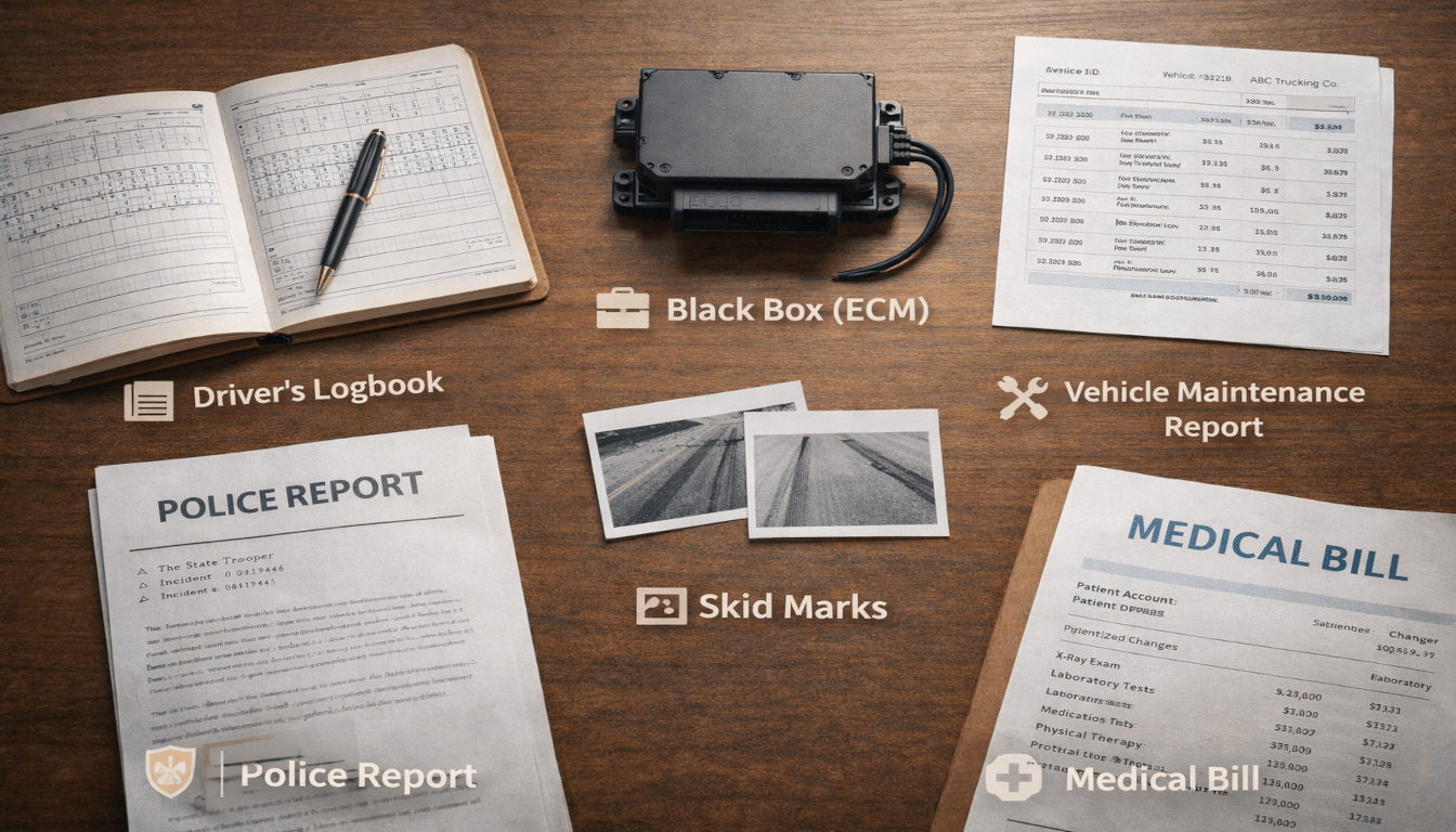 A collection of key evidence for a semi-truck accident case including logbooks, maintenance records, the black box, and crash scene photos, essential for proving fault.