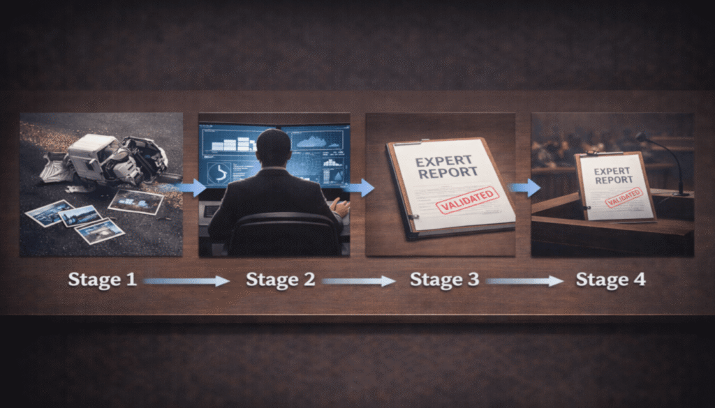 A workflow diagram showing the expert witness process in a semi-truck accident case, from evidence collection to analysis, report, and courtroom testimony.