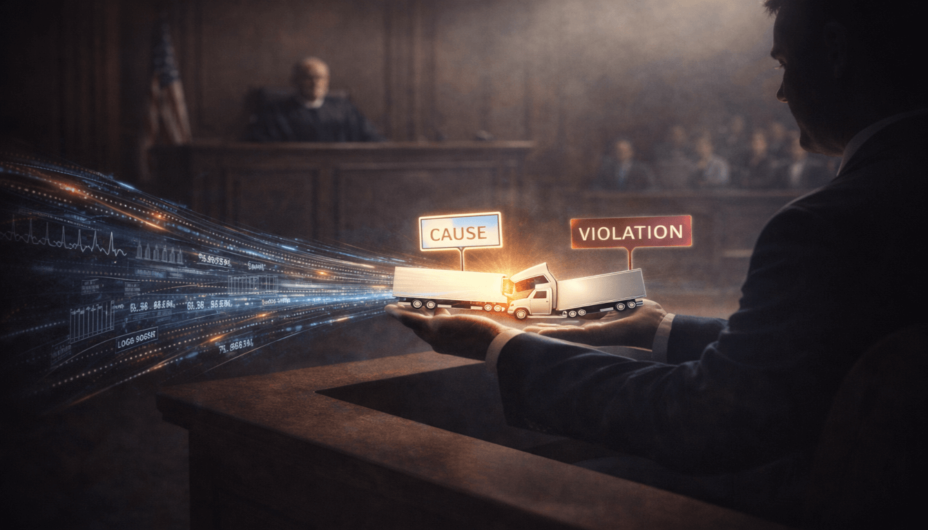 An expert witness in court explaining a semi-truck accident reconstruction model, showing how they translate complex evidence into clear proof of fault and violations.