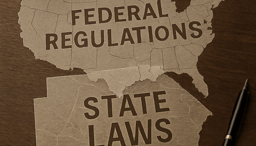 Overlapping transparent maps of the USA and a single state, symbolizing the complex interplay of federal and state regulations in semi-truck accident liability.