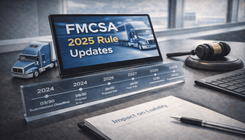 A tablet and calendar timeline showing upcoming federal trucking law updates from 2024 to 2028.