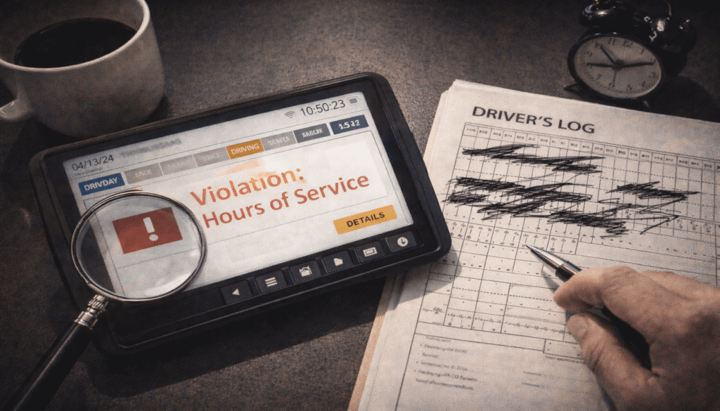 A semi-truck's Electronic Logging Device showing a violation next to a driver's logbook, key evidence for fatigue in truck accident claims.

