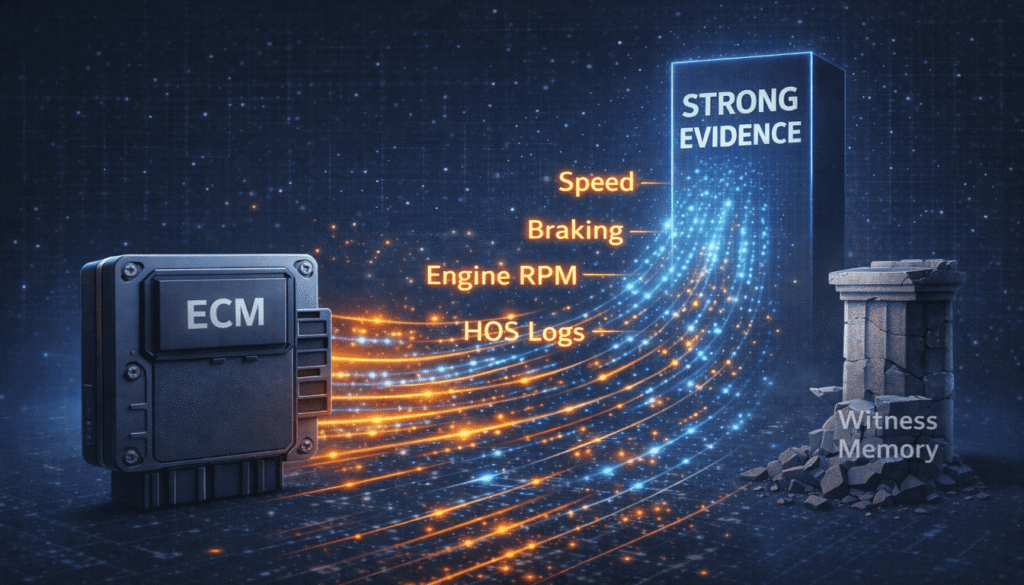 A graphic showing digital data streaming from a semi-truck's black box, forming a pillar of strong evidence versus a weaker pillar of witness memory.