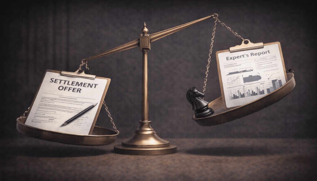 An expert's technical report tipping the scales and increasing the settlement value in a semi-truck accident claim, symbolizing its strategic impact.

