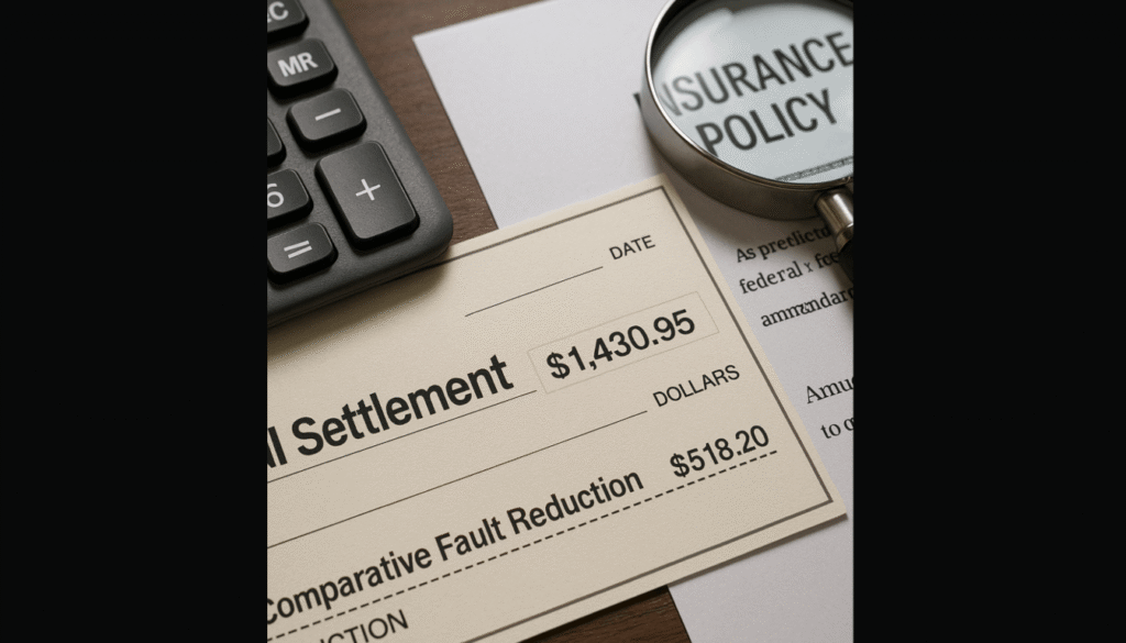 An insurance settlement check for a semi-truck accident claim with a line-item deduction for "Comparative Fault Reduction."