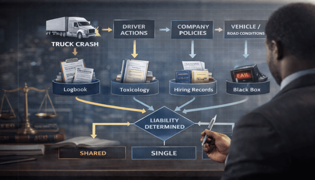 A flowchart showing the investigation paths to determine liability in a complex semi-truck accident case.