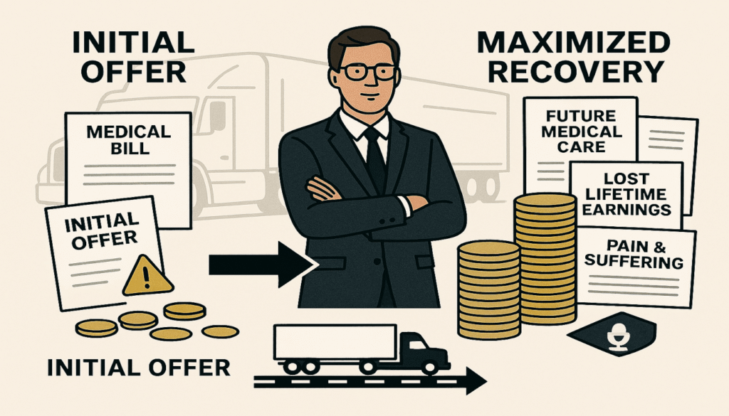 An illustration comparing a small initial offer to a large, comprehensive recovery, showing how a semi-truck accident lawyer maximizes compensation.


