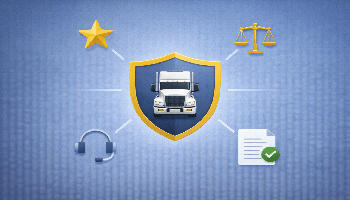 A shield with a truck icon surrounded by symbols for excellence, experience, communication, and track record, representing choosing a semi-truck lawyer.