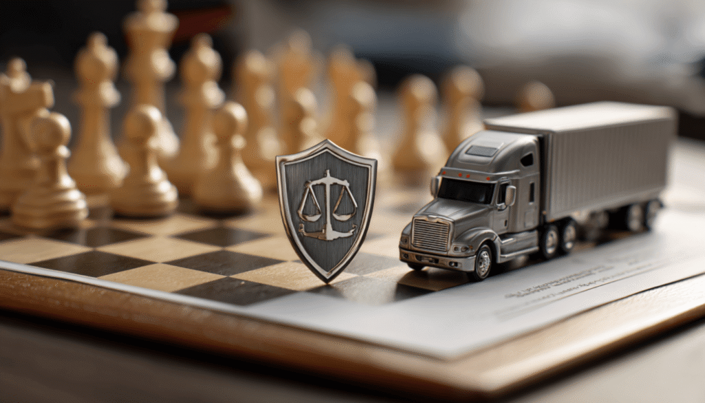 A chessboard with a semi-truck piece facing a defensive shield, symbolizing the strategic protection of your claim against insurance company tactics.