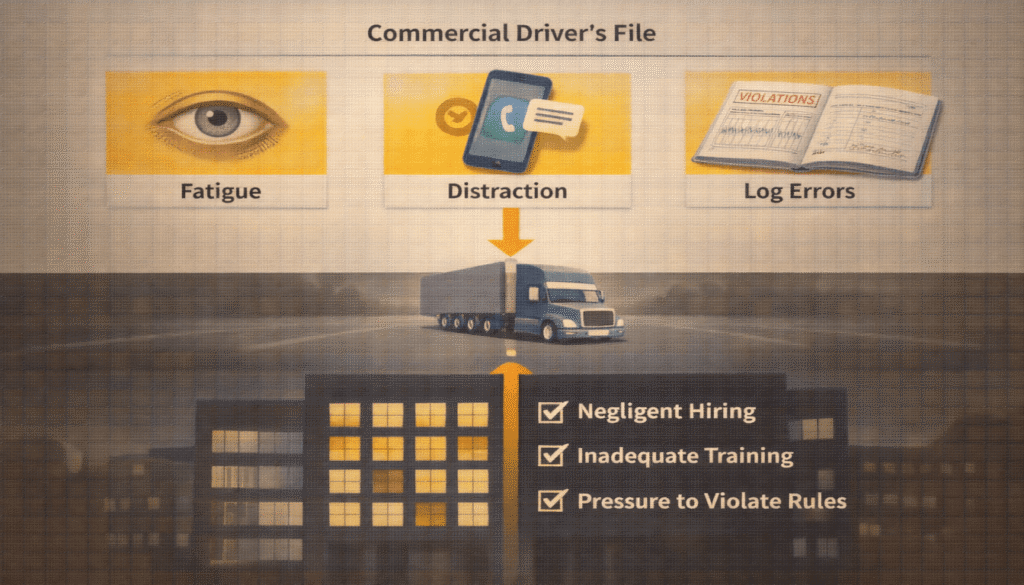 A split graphic showing commercial driver errors linked to company failures, representing how to prove negligence against both in a truck accident case.