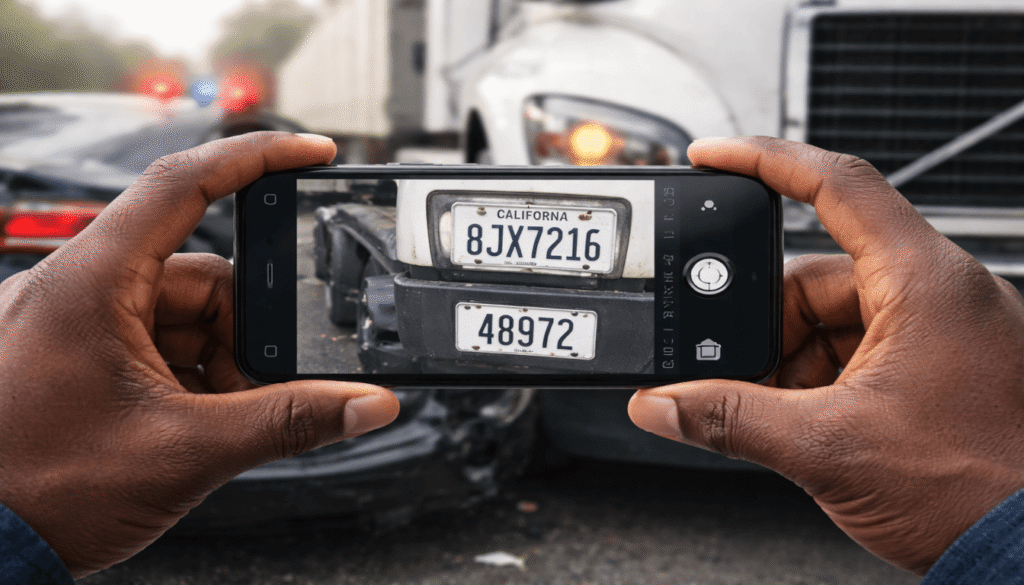 A first-person view of taking a photo of a semi-truck's license plate after an accident, depicting the critical immediate action to protect evidence.