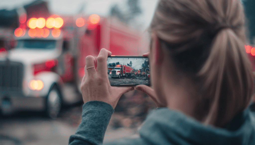 A person responsibly documenting a semi-truck accident scene with a smartphone, focusing on  damage as a critical first step.